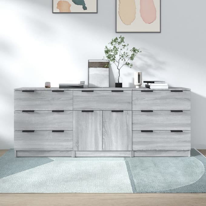vidaXL - 3-delige - Dressoirs - bewerkt - hout - grijs - sonoma - eikenkleurig