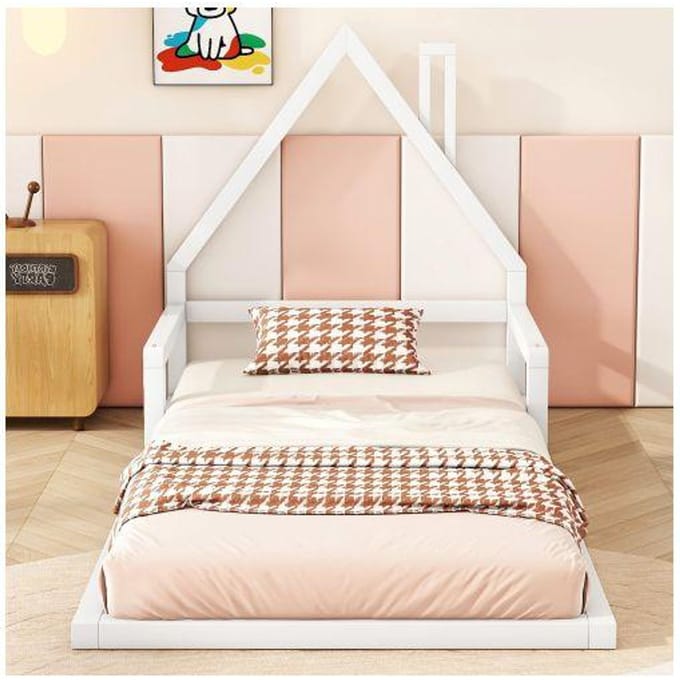 Lit d'enfant - MUVOE - 90x200cm - Pin massif - Forme maison - Blanc blanc