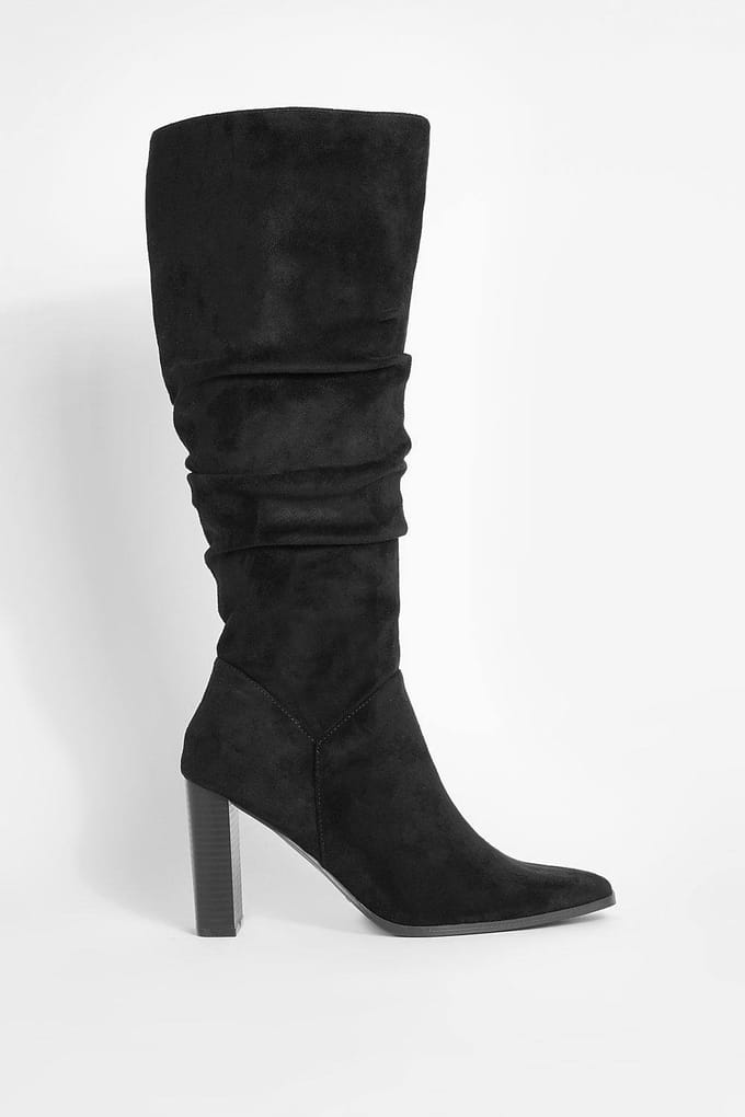 boohoo Dames Faux Suede Ruched Block Heel Knee High Boot | Black | Maat: 7