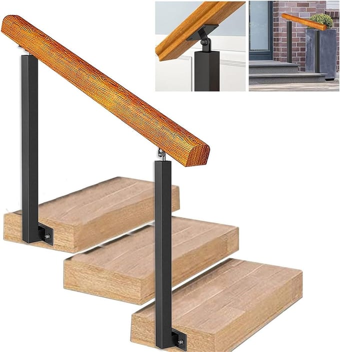 Trapleuning Set - Houten Leuning - Veilig Traplopen - Verstelbare Beugels - 85cm Hoog - Zwart