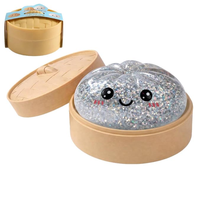 Boule Anti-Stress Dumpling Pailletée avec Boîte Dumplings Jouet Sensoriel à Presser Décompression Montée Lente Anti-Stress Cadeau Sensoriel argenté