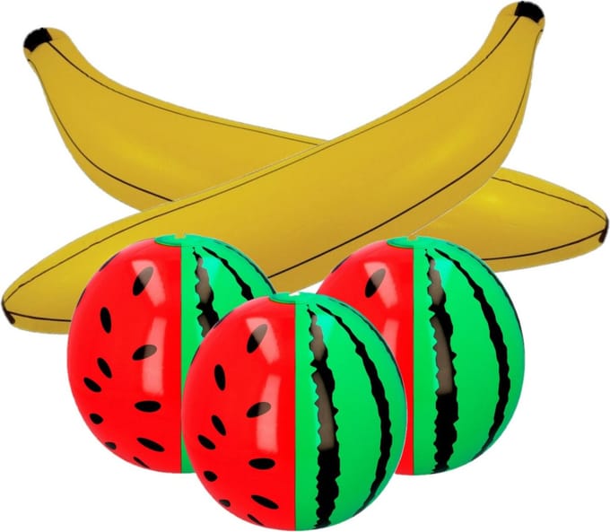 Boland Opblaasbare fruit mix - 2x banaan 71 cm en 3x Watermeloen 35 cm - deco opblaasartikelen