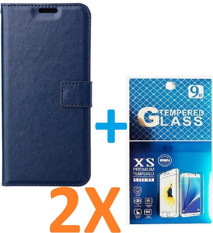Portemonnee Book Case Hoesje + 2x Screenprotector Glas Geschikt voor: iPhone 15 Pro Max - Donkerblauw