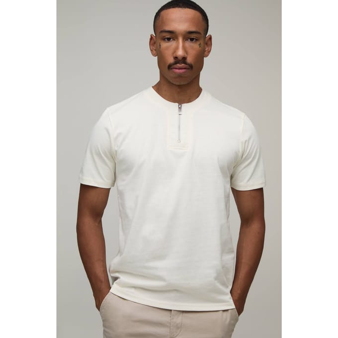 Slim Fit 1/4 Rits T-shirt | Ecru | Size Small