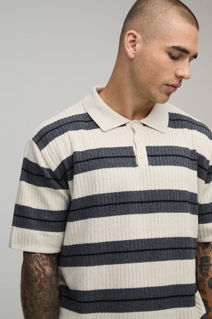 Oversized Boxy Ribbed Striped Knitted Polo T-Shirt | Charcoal | Size Medium