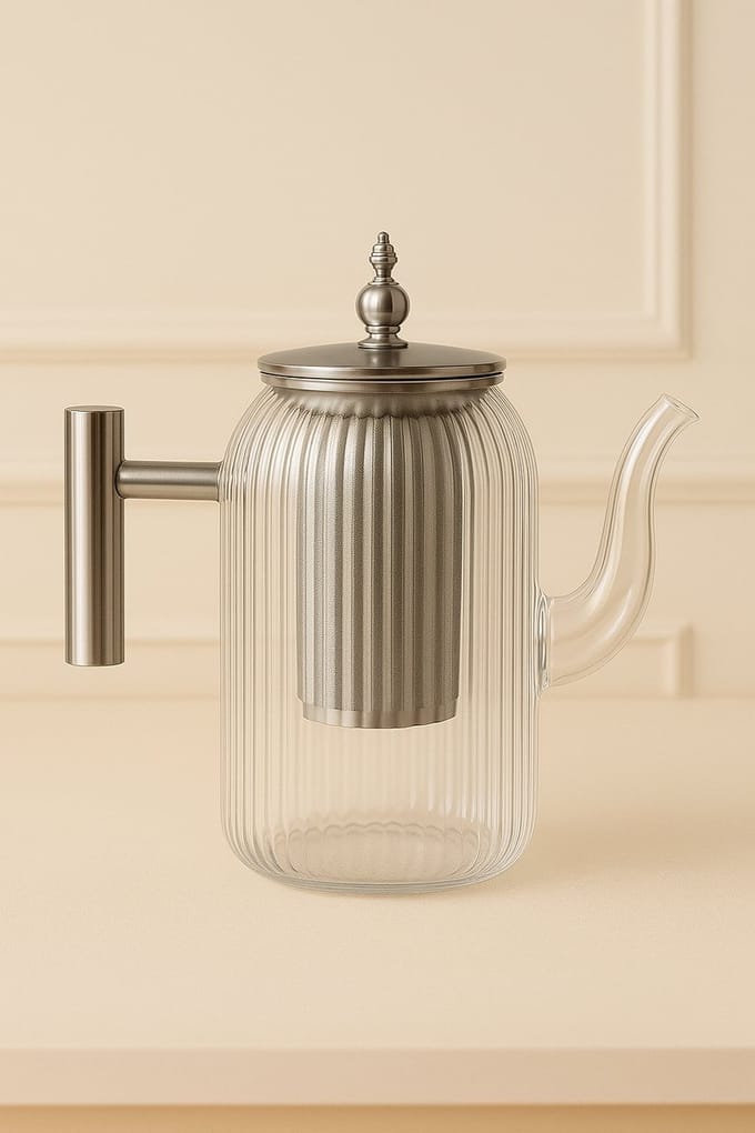Almina Theepot met Zeef - Zilver Accenten - Glas - 800ml - Met Deksel - Geribbeld - Design