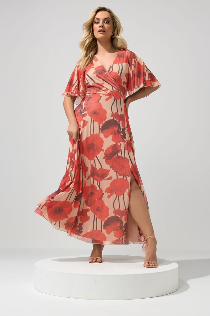 Yours London Naturelbruine Bloemenprint Abstracte Mesh Jurk Size 48