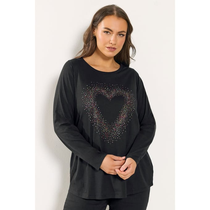 Yours Zwart Tshirt Met Lange Mouwen En Hart Met Studs Size 42