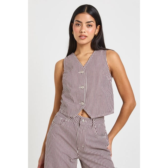 boohoo Dames Gestreept Denim Gilet | Bordeaux Rood | Maat: 42