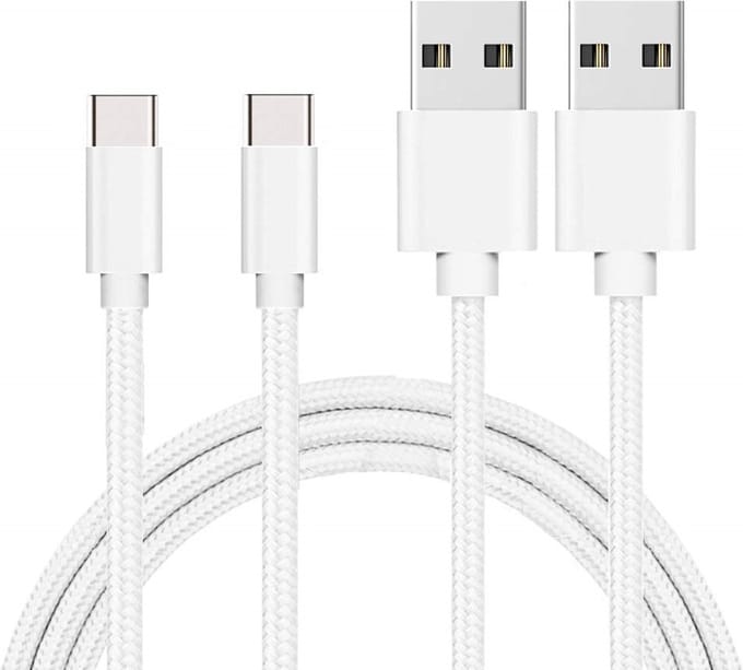 2x USB C naar USB A Nylon Gevlochten Kabel Zilver Wit - 1 meter - Oplaadkabel voor Xiaomi REDMI NOTE 9 / NOTE 9 PRO / NOTE 10 / NOTE 10 PRO