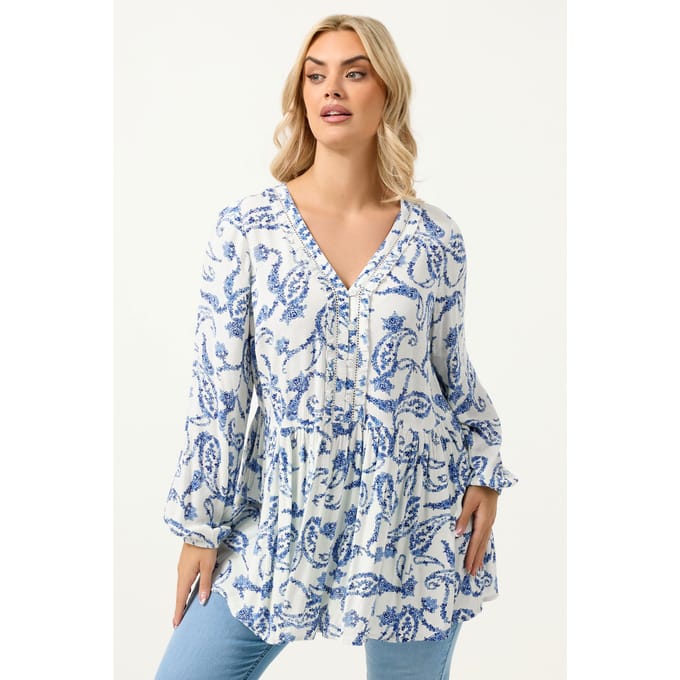 Yours Blauwe Blouse Met Paisleyprint En Ruches Size 48
