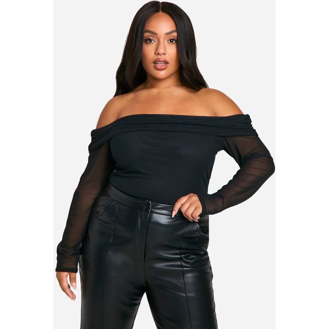 boohoo Dames plus Slash Neck Mesh Long Sleeve Top | Black | Maat: 26