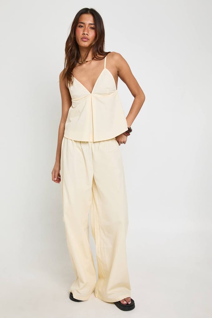 boohoo Dames Poplin Cami En Wijde Pijpenbroek Set | Lemon | Maat: 14