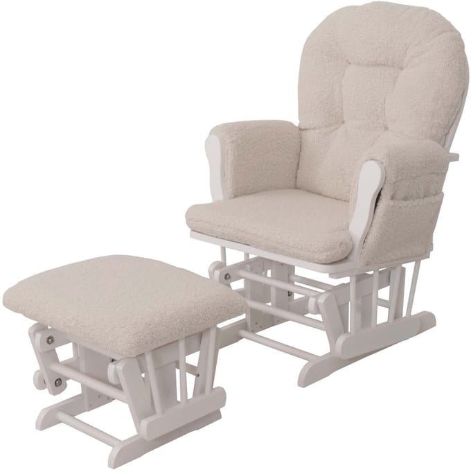 Relaxfauteuil MCW-C76, schommelstoel + voetenbankje, bouclé-stof 480 g/m² ~ crèmekleurig, wit frame