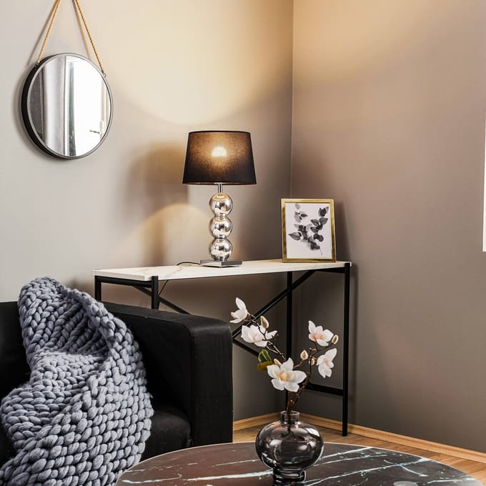 Argon Textiel tafellamp Fulda, kap zwart, voet chroom