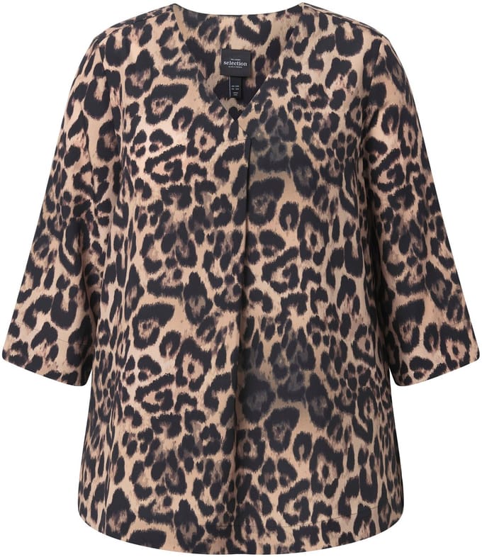 Ulla Popken - Dames - Lyocell tuniek leodesign V-hals 3/4-mouw - Dennenbruin - Maat 42+