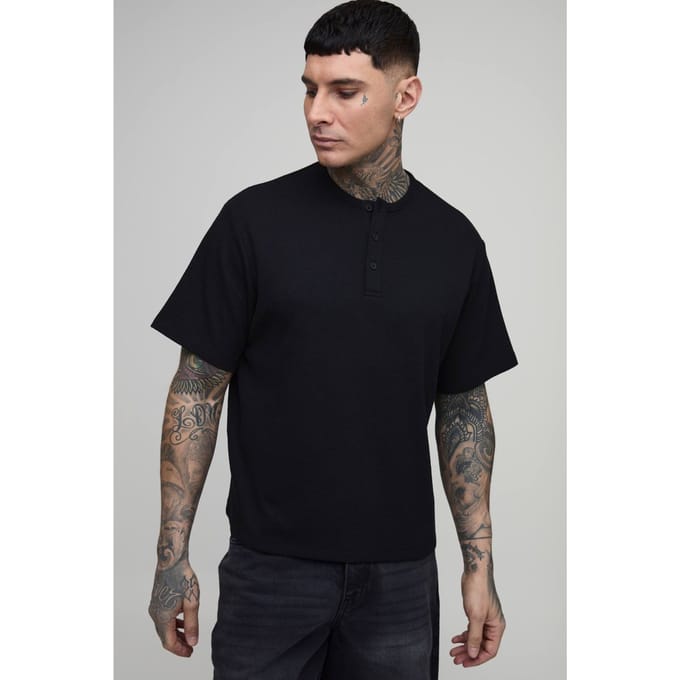 Tall Relaxed Fit Waffle Henley T-Shirt | Black | Size Medium