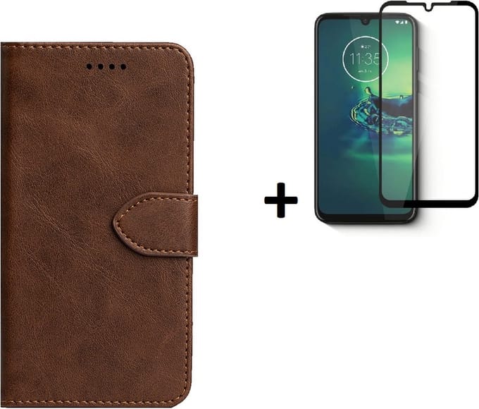 Hoesje Geschikt voor Motorola Moto E20 - Screenprotector Motorola Moto E20 - Wallet Bookcase Bruin + Full Screenprotector