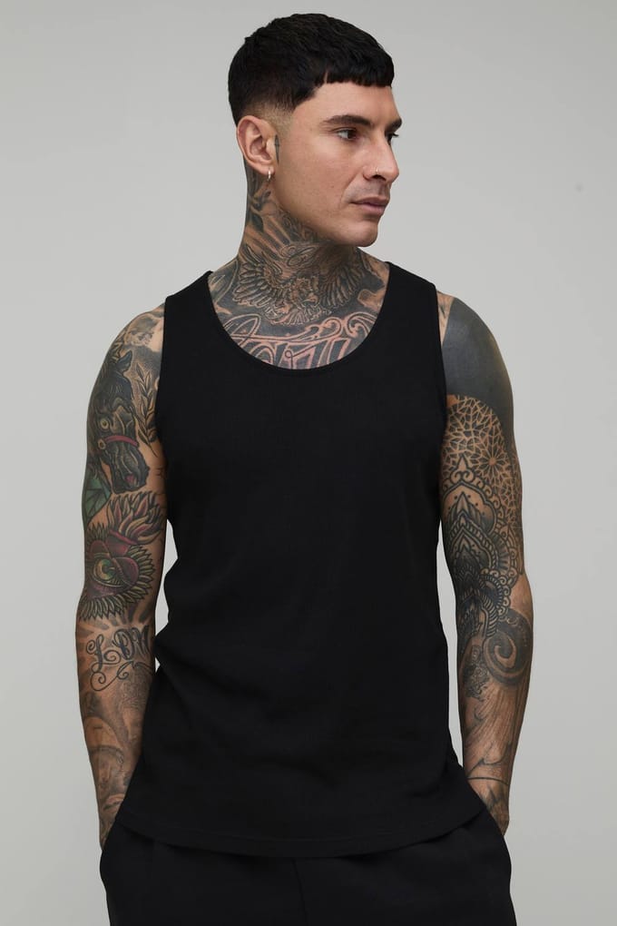 Tall Regular Fit Essential Ribbed Vest | Black | Size 2XL