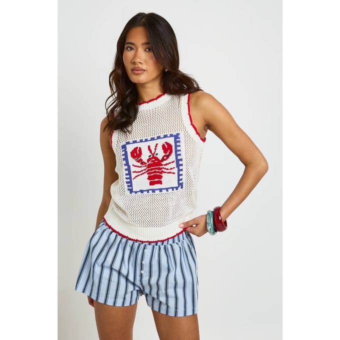boohoo Dames Gehaakte Kreeft Print Gebreid Vest | Ecru | Maat: Small