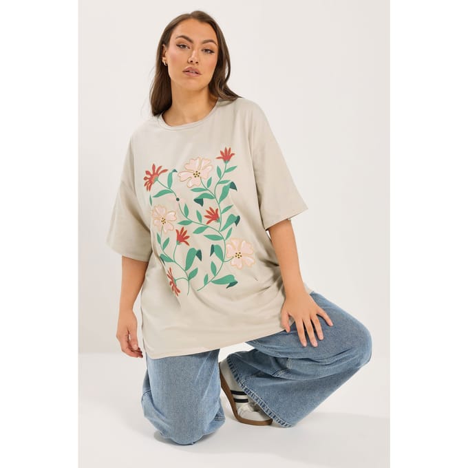 Yours Natuurbruin Tshirt Met Bloemenprint Size 48