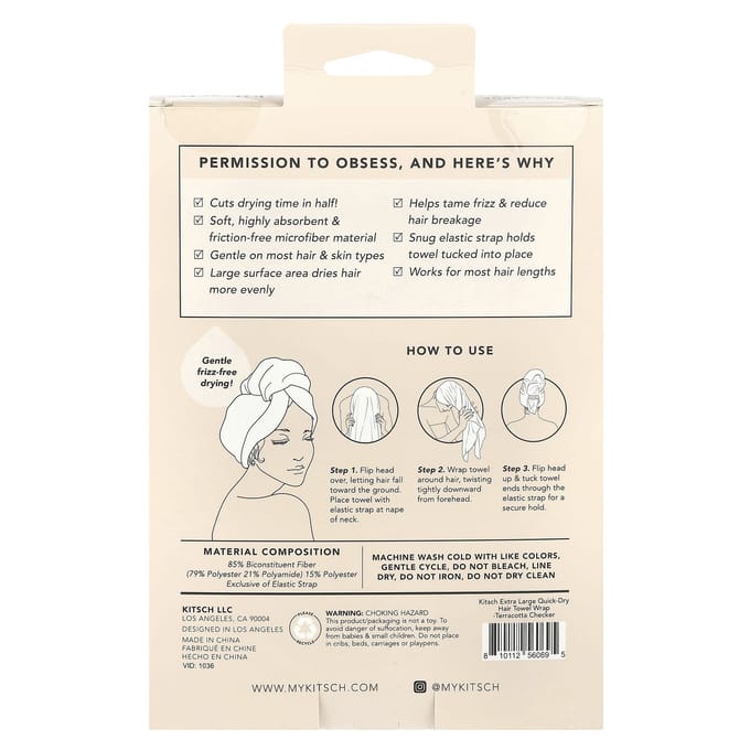 Kitsch, enveloppe de serviette pour cheveux à séchage rapide, extra large, damier terracotta, 1 pièce white