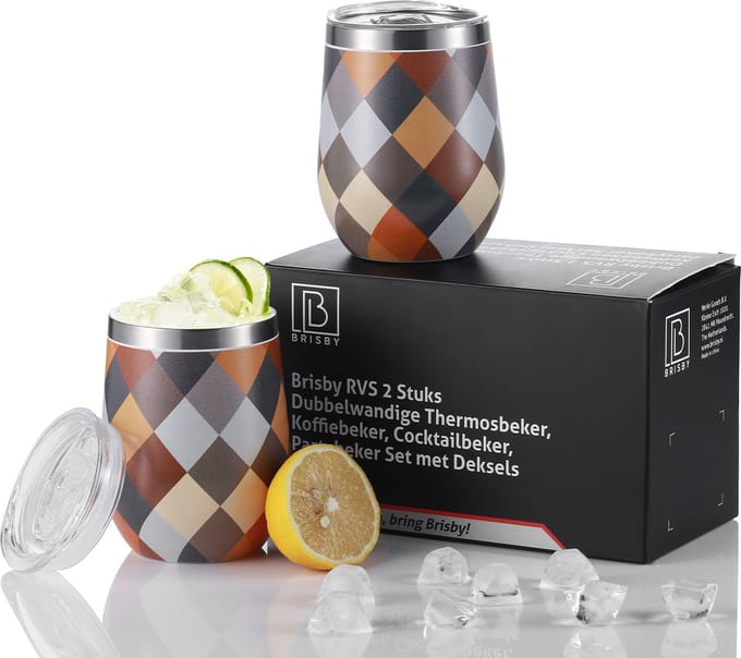 Brisby RVS 2 Stuks Dubbelwandige Design Thermosbeker, Partybeker Set met Deksels – Blok