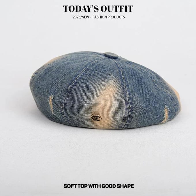 Japanse High-end Denim Kleurverloop Baret Gescheurde Denim Baret Volkstaal Retro Veelzijdig Oude Schildersmuts gray