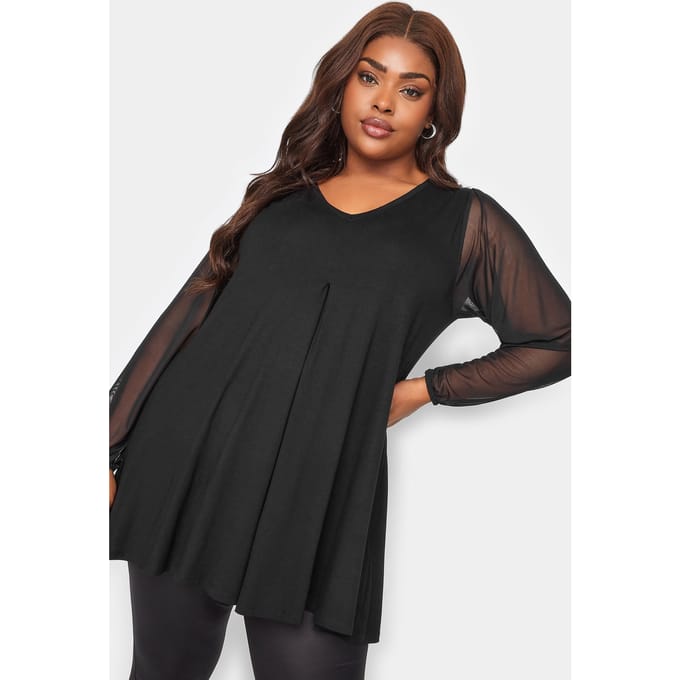 Yours Swingtop Met Plooidetail En Mesh Mouwen In Zwart Size 42