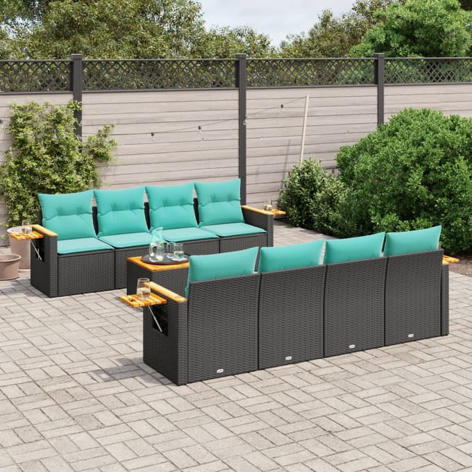 vidaXL - 9-delige - Loungeset - met - kussens - poly - rattan - zwart