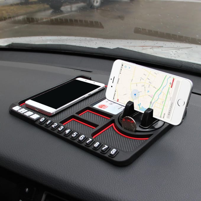 Tapis antidérapant universel pour voiture, multifonction, carte de numéro de stationnement, support de téléphone automatique, tapis pour tableau de bord rouge