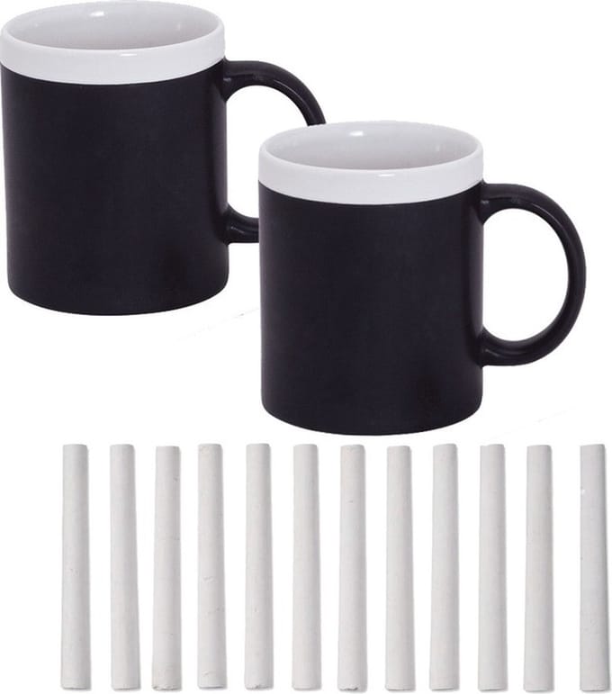 Set van 2x Krijt Koffie/Thee Mokken - wit - met pakje krijt