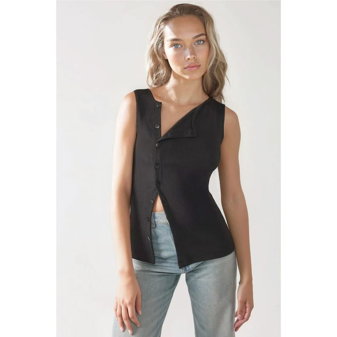 Textured Slim Fit Crew Neck Top met Knopdetail