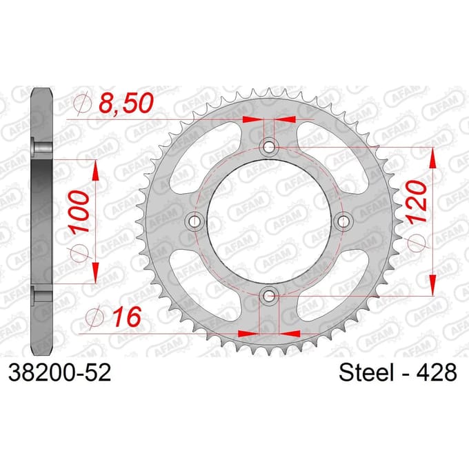 Achtertandwiel Afam voor motor Beta 125 RE ENDURO 2009 tot 2014 52 tanden P 428