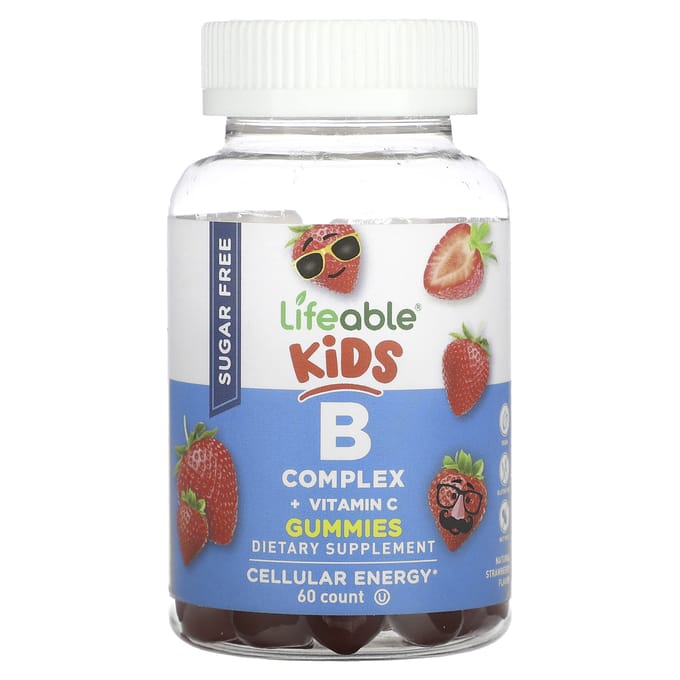Lifeable, Kids B Complex + Vitamine C gummies, suikervrij, natuurlijke aardbeismaak, 60 gummies