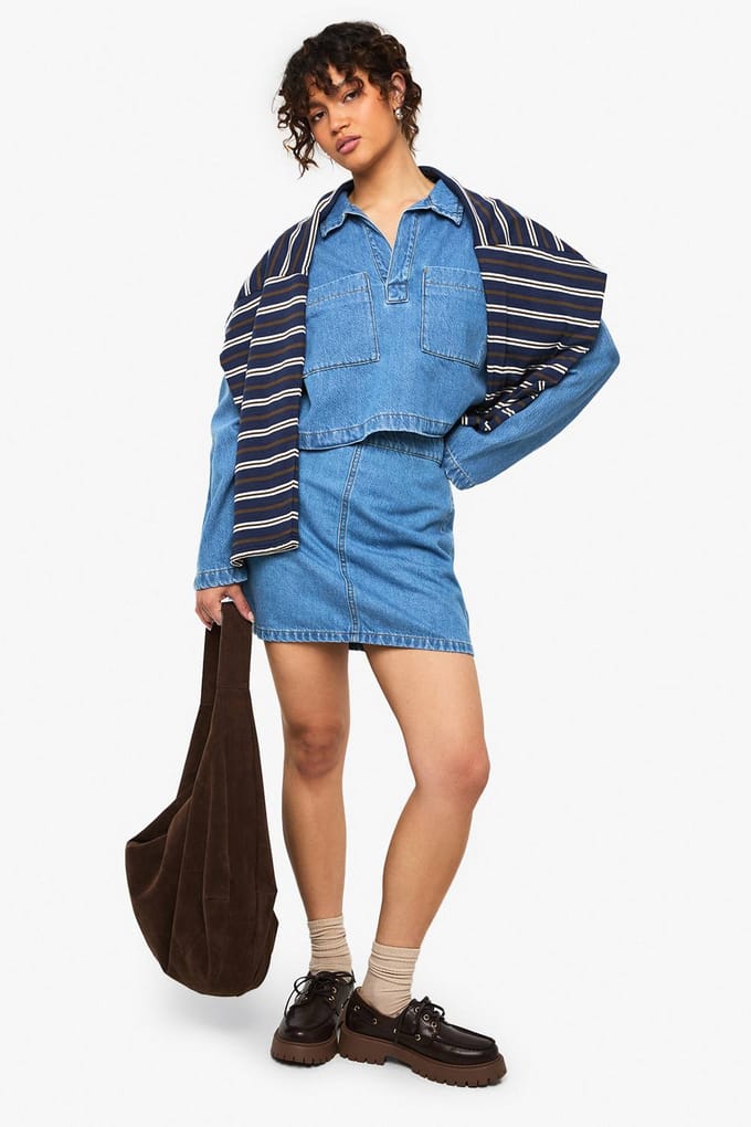 boohoo Dames Denim rugbyshirt met kraag | Mid Blue | Maat: 6
