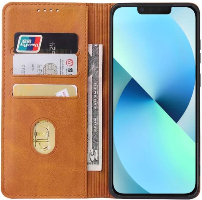 Smartphonica iPhone 13 kunstleren hoesje met magnetische sluiting en pashouders book case - Bruin geschikt voor iPhone 13