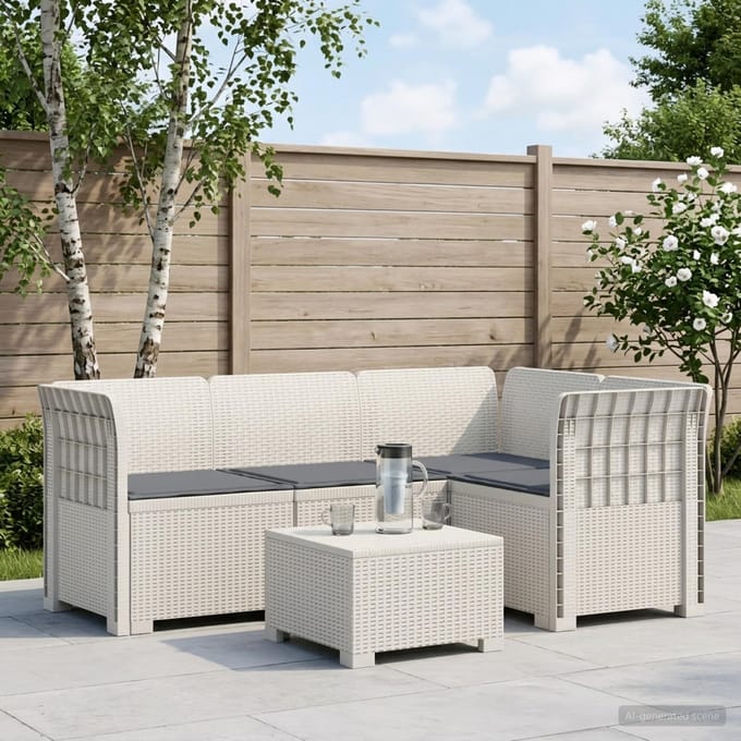 vidaXL - 4-Persoons - Tuin - Sofa - met - Kussens - Rattan - Look - PP - Wit