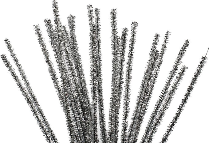 Chenille draad, zilver, L: 30 cm, dikte 6 mm, 24 stuk/ 1 doos