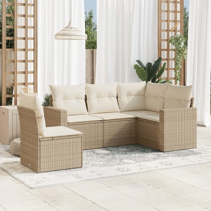 vidaXL 5-delige Loungeset met kussens poly rattan beige