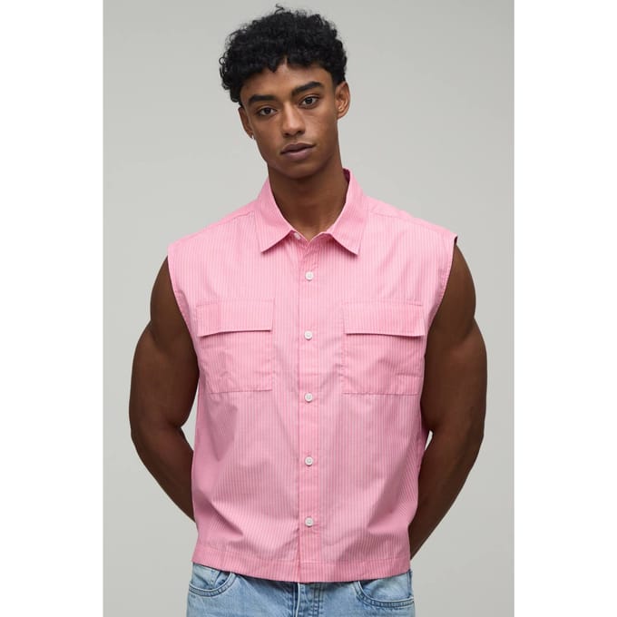 Oversized Boxy Gestreept Mouwloos Shirt | Pink | Size XL