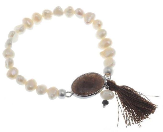 Behave - Rekarmband dames - Parel bruin kwastje - Boho aards - 17cm