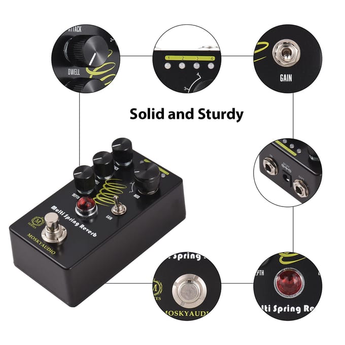 MOSKYAUDIO MULTI SPRING REVERB Gitaar Reverb Effectpedaal Attack/Dwell/Depth/GAIN/4-Modus Knop DC zwart