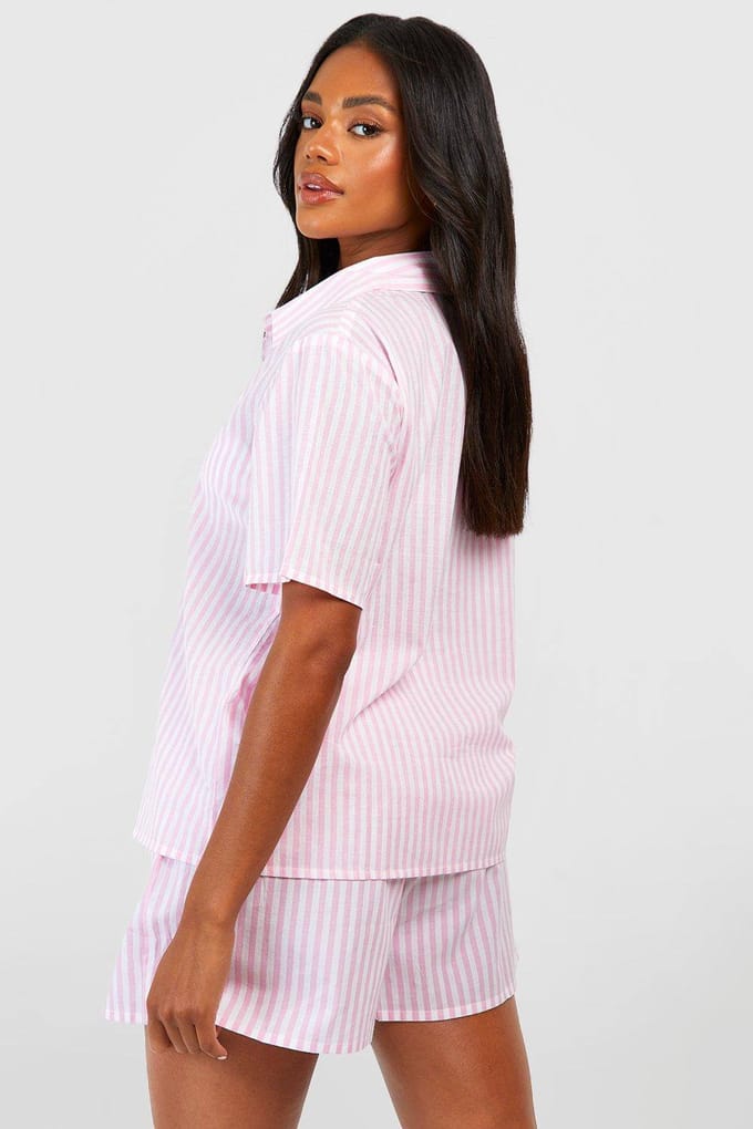 boohoo Dames Cotton Pinstripe Oversized Short Sleeve Pyjama Shirt | Roze | Maat: 34