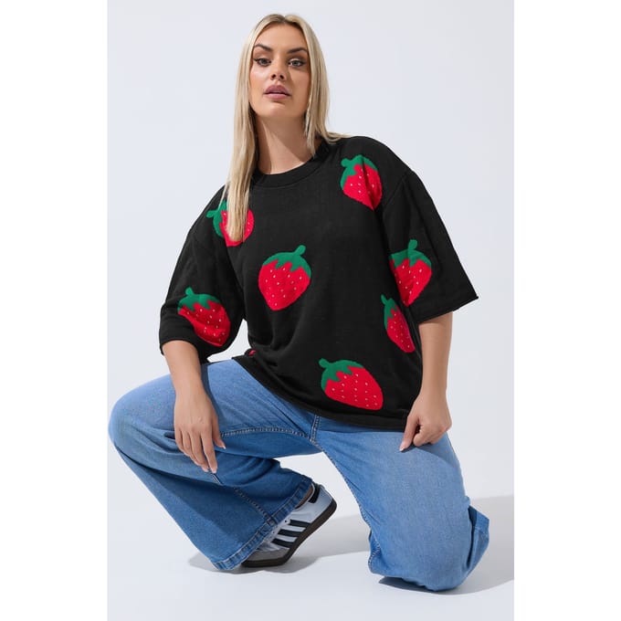 Limited Collection Zwarte Gebreide Boxy Top Met Aardbeienprint Size 40-42