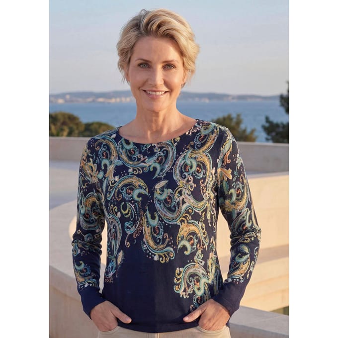 Fijn gebreide pullover met paisleypatroon - marine / gedess. - Gr. 23 van Goldner Fashion