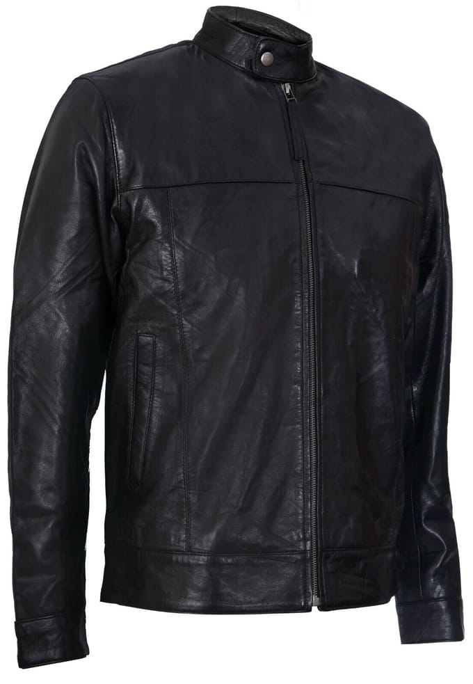 Leren bikerjack met mandarijnkraag