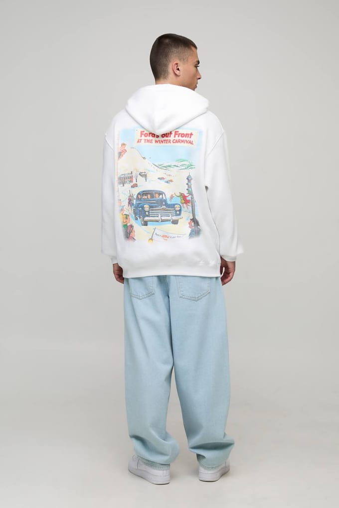 Witte Oversized Ford Winter Carnival licentie bedrukt hoodie | White | Size Medium