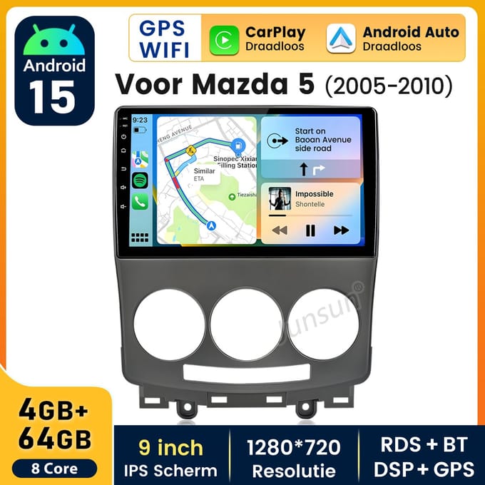 HexinexMarket Octa-Core autoradio Geschikt voor Mazda 5 (2005-2010) - Draadloos CarPlay, Android Auto, Android 15, multimediaspeler, 4GB+64GB