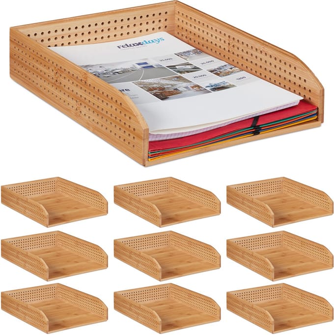 10x brievenbak bamboe - stapelbaar - documentenhouder - geperforeerd - A4